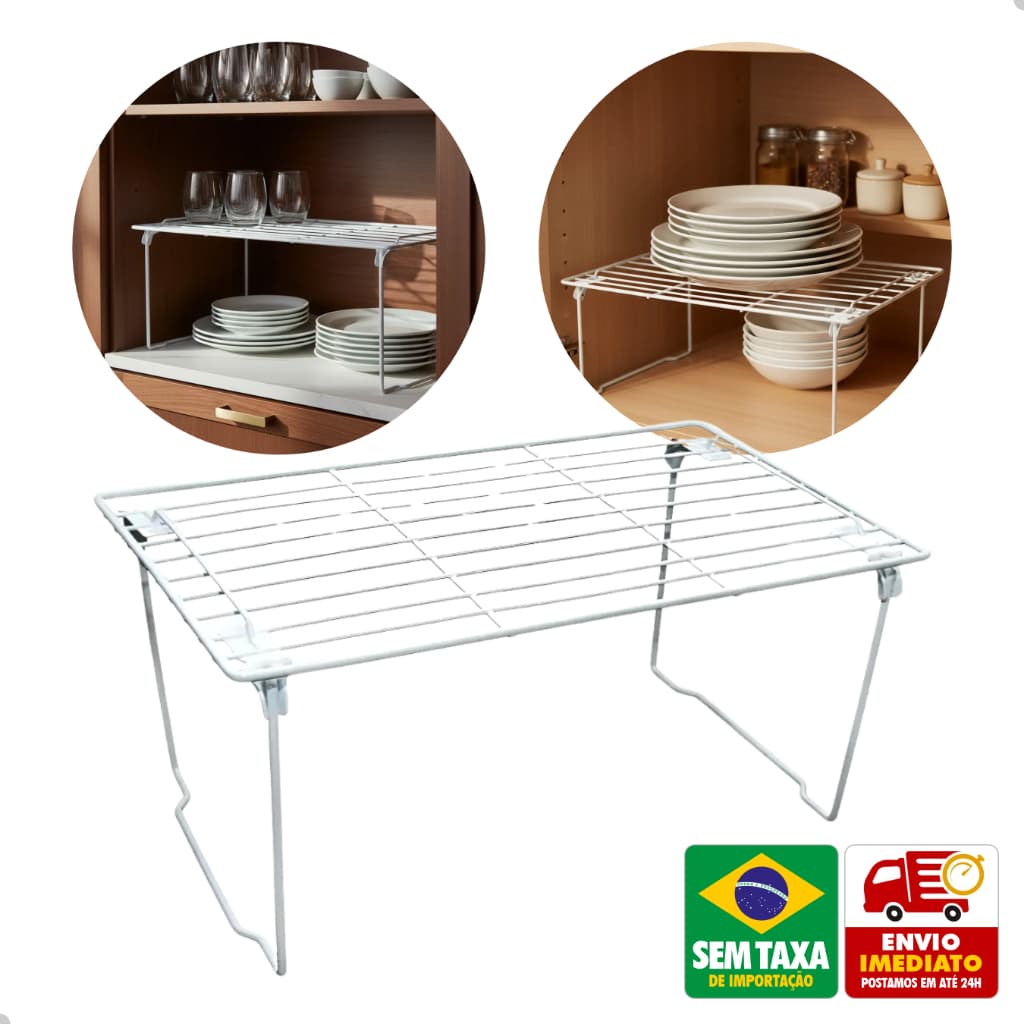 Prateleira Organizadora Metal Dobrável Empilhável 40cm Multiuso Cozinha Armário Escritório