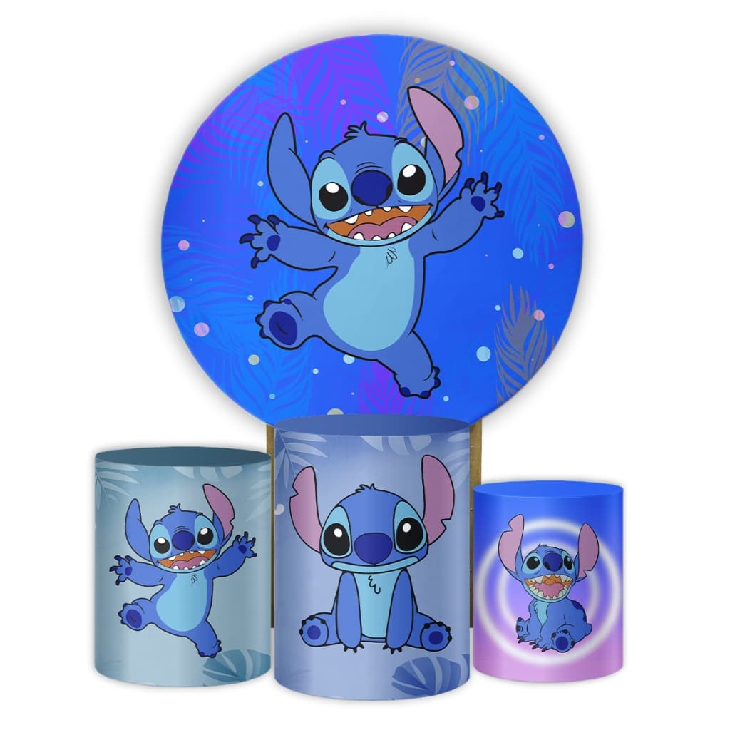 Kit Capa Painel Redondo + Cilindros Decoração Festa Aniversário Infantil Tema Stitch Azul Desenho