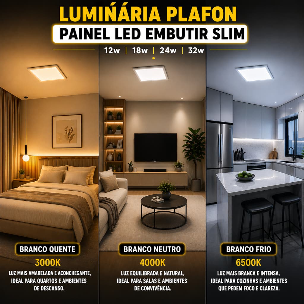 Painel Plafon Luminária de Teto Led Quadrado Sobrepor Bivolt 12W/18W/24W 3000K 4000K 6000K Casa Sala