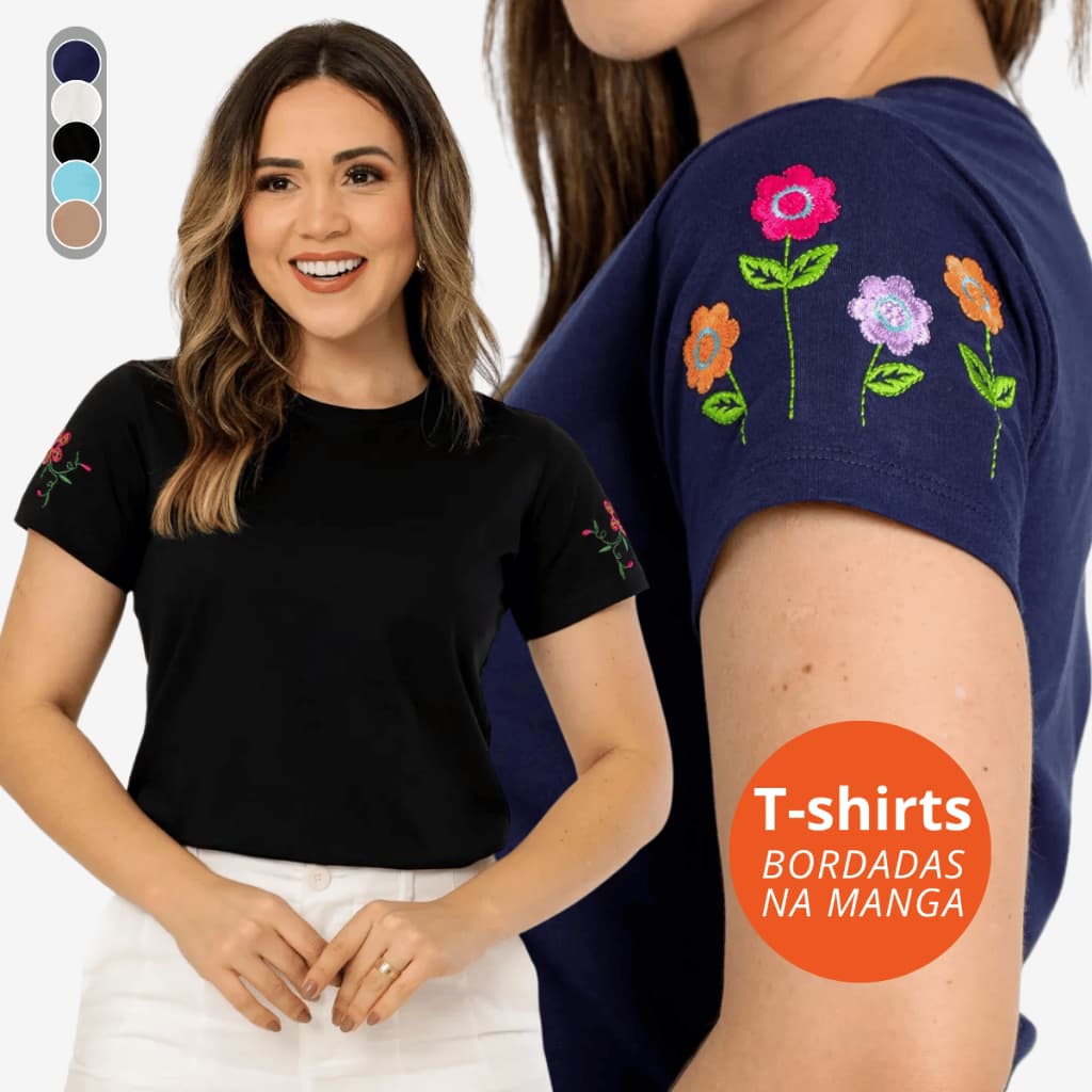 T-shirt Bordada na Manga Camisetas Bordadas Flores Blusa Algodão Fio 30.1