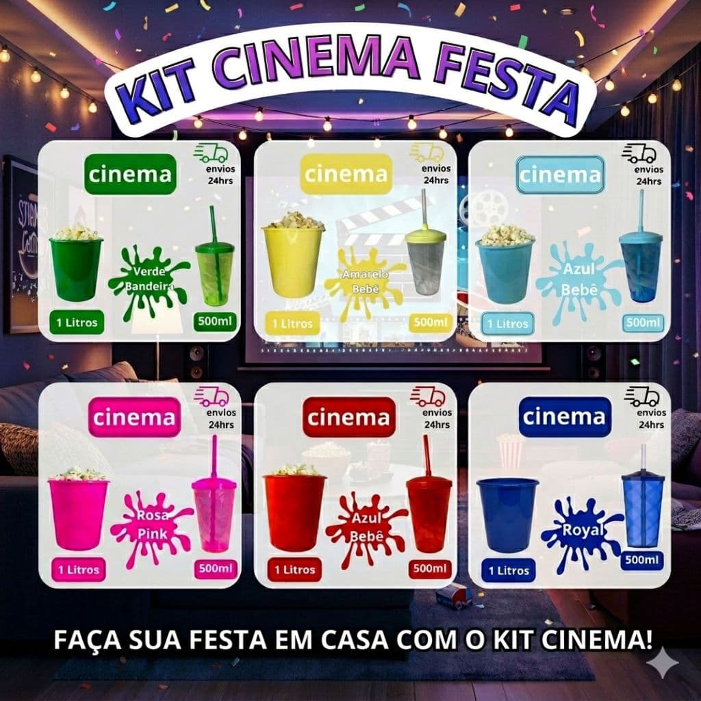 Kit Cinema 75 balde 1l Pipoca + 75 copos Twister Colorido 500ml