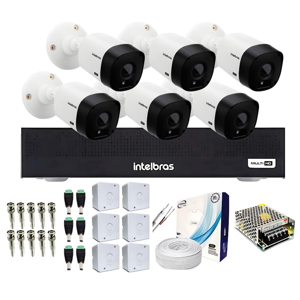 Kit 6 Câmeras intelbras VHL 1120 Bullet infra vermelho DVR 8 Canais intelbras MHDX 1208-C DA MultiHD H265+ IA