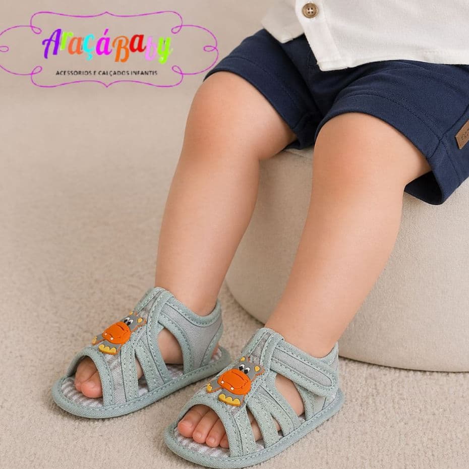 Sandália Bebê Masculina com Aplique Hipopótamo – Confortável, Leve e Antiderrapante | Araçá Baby