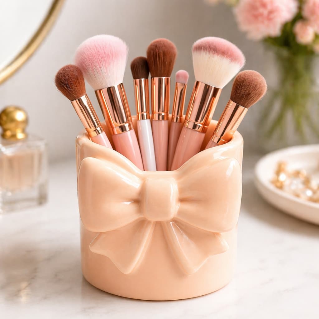 Porta Pincéis de Maquiagem com Laço Decorativo Luxo| Organizador Elegante para Penteadeira e Banheiro.