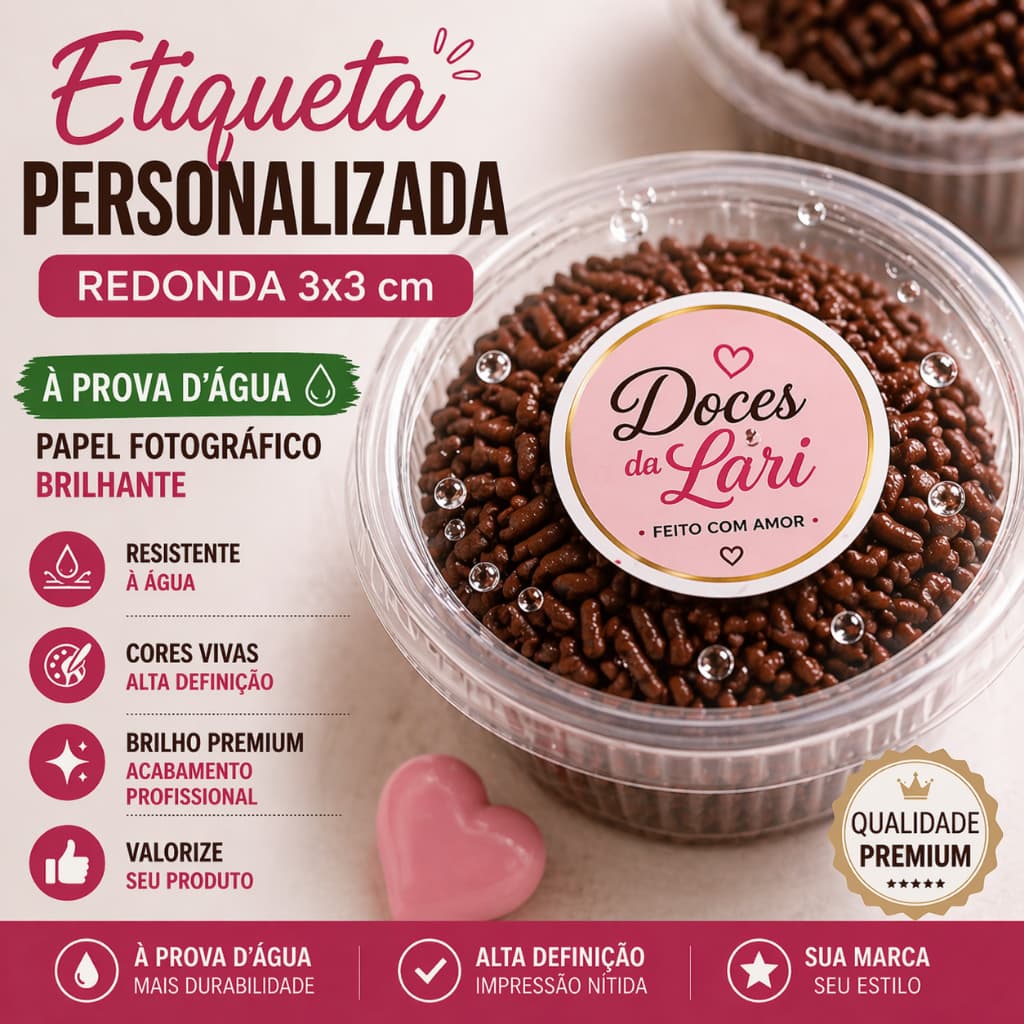 Etiqueta Adesiva Personalizada 3x3cm Redonda Prova Dagua Papel Fotografico Logo Embalagem
