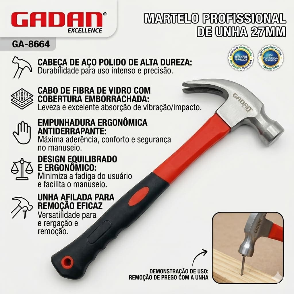 Martelo de Unha 27mm Profissional Gadan Cabo Emborrachado Fibra de Vidro Alta Resistência