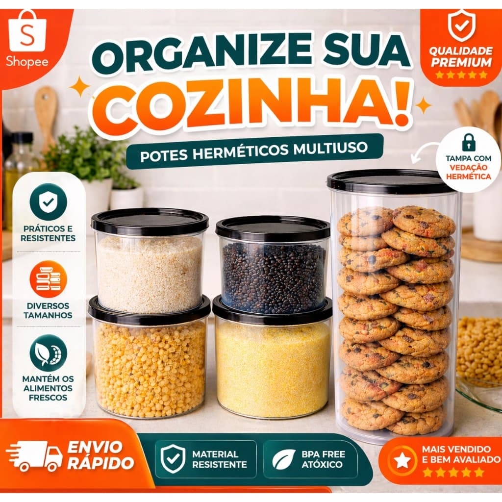 Kit 5 Porta mantimentos Transparente Redondo BPA FREE Com Tampa Hermético Organizador De Alimentos