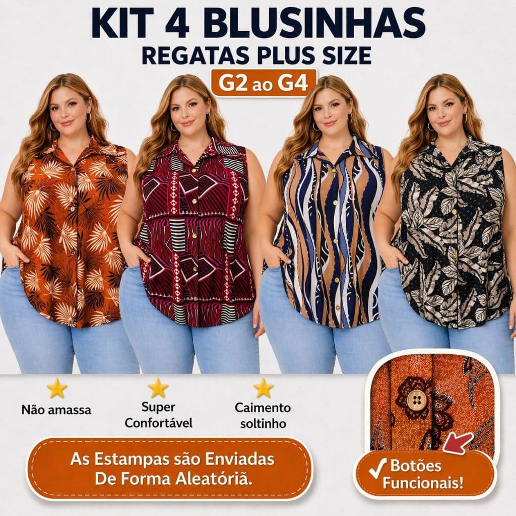Kit 4 Regatas Plus Size Feminina Promoção Botões Funcionais Malha Fria G2 ao G4