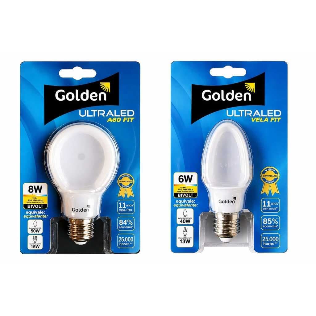 Lâmpada LED Golden Ultraled Vela Fit 6W ou A60 Fit 8W Bivolt 2700k