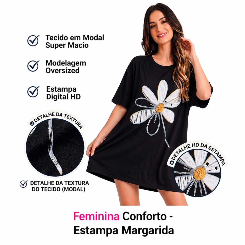 Camisola Camiseta Feminino De Dormir Camisetão Conforto Manga