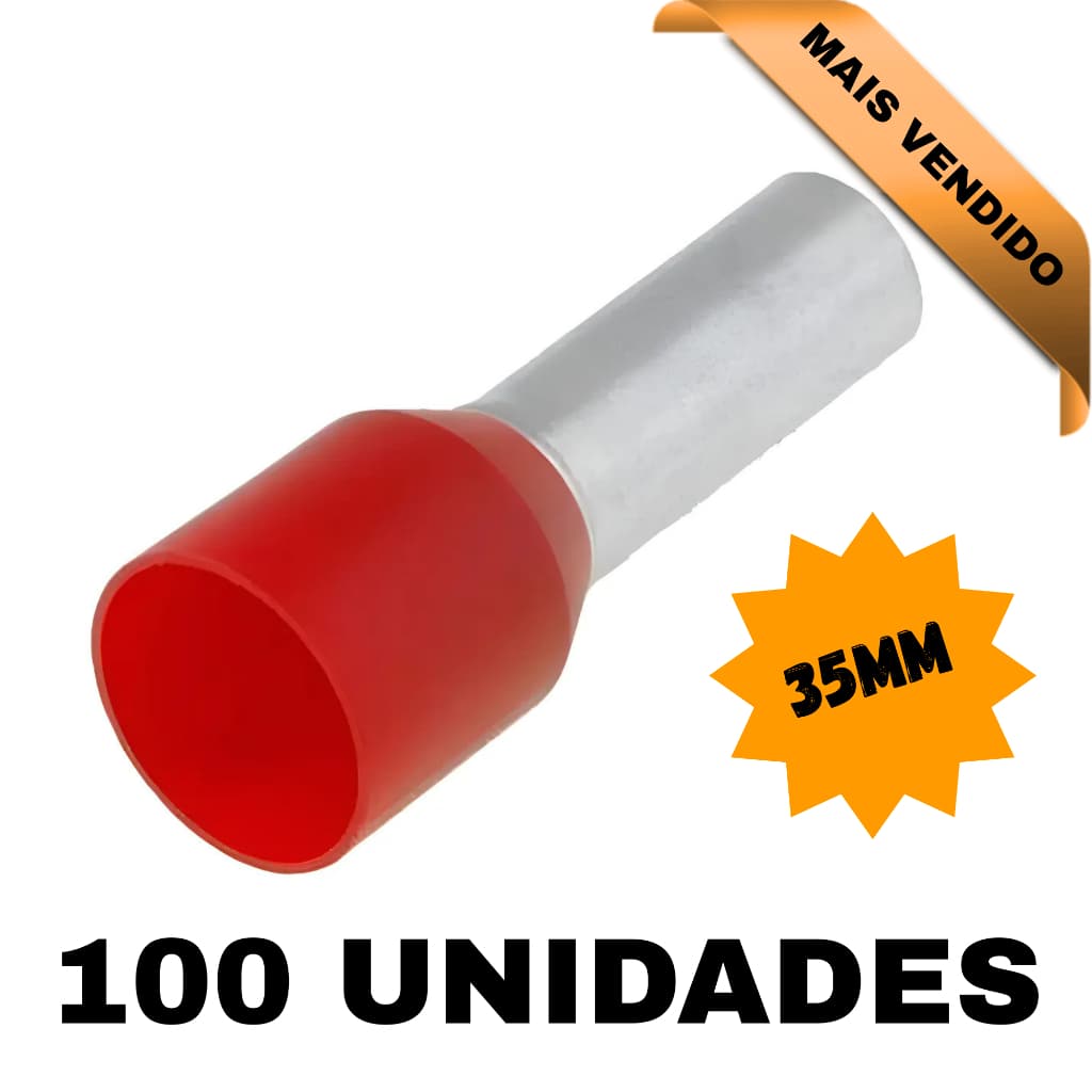 Kit 100 Terminal Pré Isolado Tubular ilhós 35mm Vermelho
