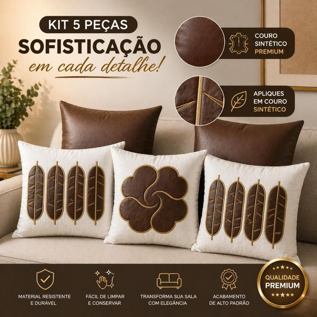 Kit 5 Almofadas Decorativas Couro Sintético Linho Boho Chic Folhas Terracota Sala Sofá