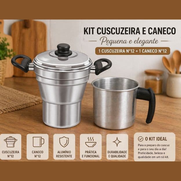 Kit Cuscuzeira Nordestino 12 Alumínio Reforçado  + Conjunto Leiteira 12