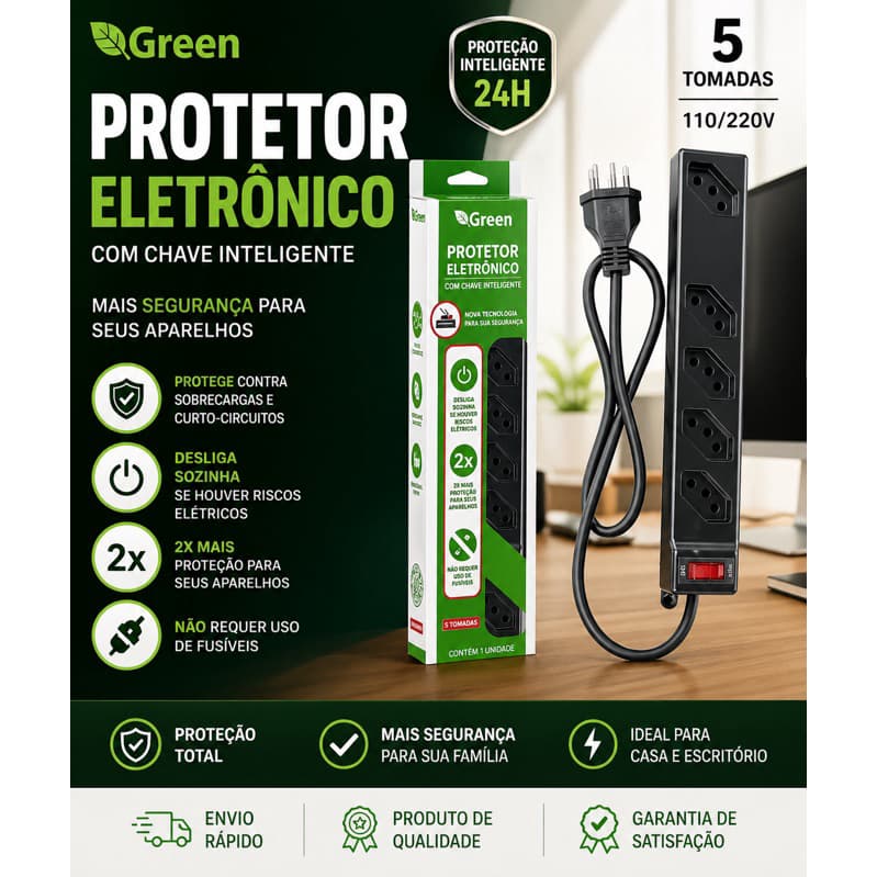 PROTETOR ELETRÔNICO 5 TOMADAS DESLIGA AUTOMÁTICO | PROTEÇÃO TOTAL 110/220V
