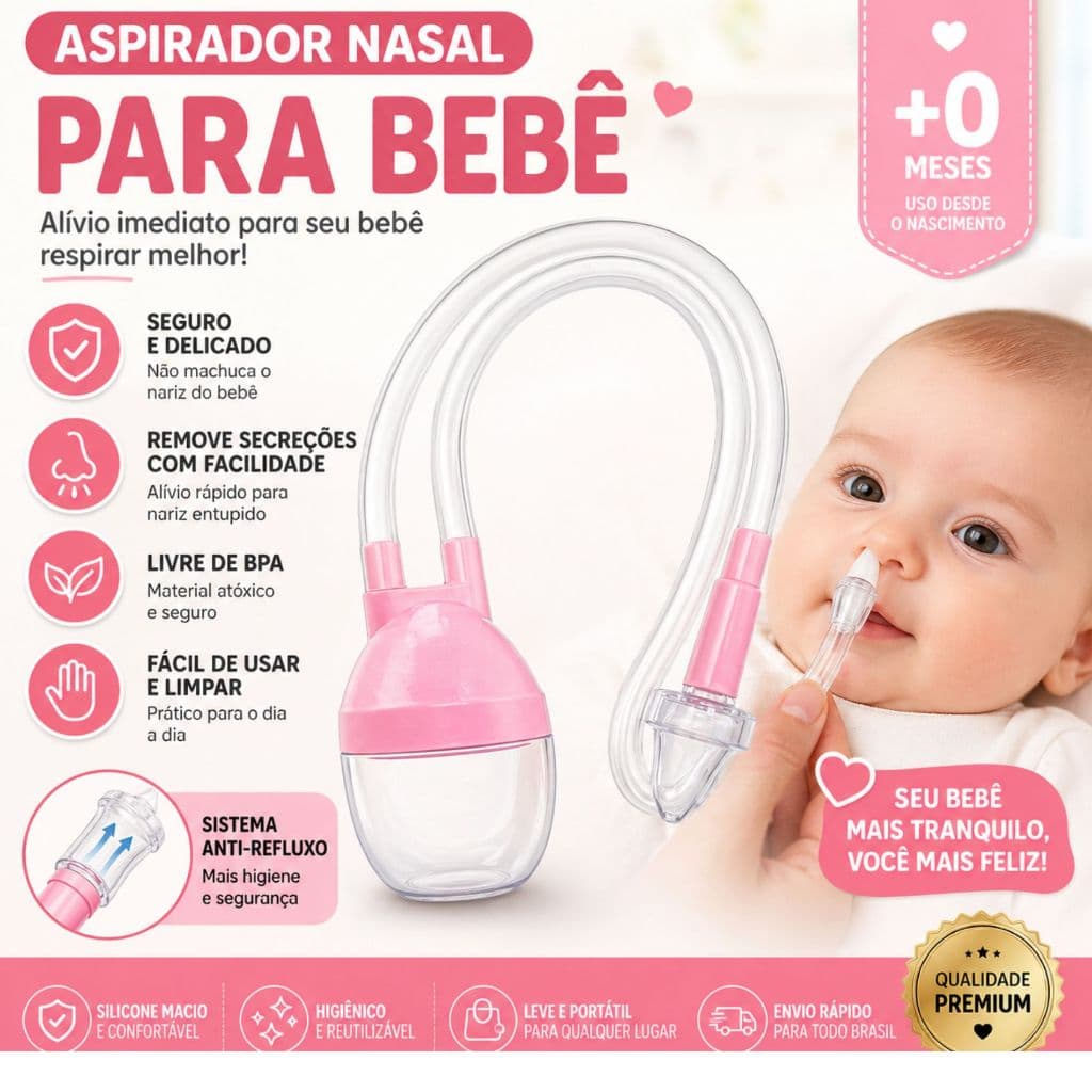 Aspirador Nasal Bebê Manual Silicone Suave Anti-Refluxo Sem BPA Recém-Nascido +0 Meses