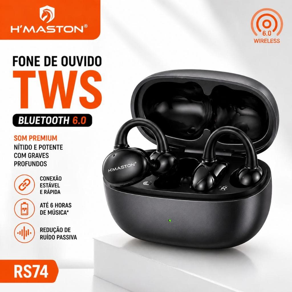 Fone de Ouvido Bluetooth 6.0 H'maston RS74 TWS Esportivo Sem Fio Grave Potente Original Resistente