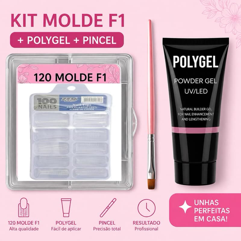 kit unha de gel poligel + 120 molde f1 + pincel acrigel manicure fibra de vidro alongamento