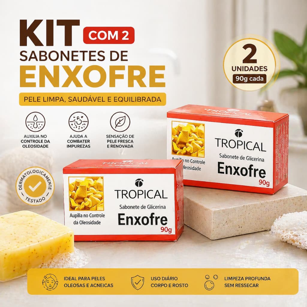 Kit 2 Sabonetes de Enxofre 90g Original | Antiacne Oleosidade Pele Limpa Imediata