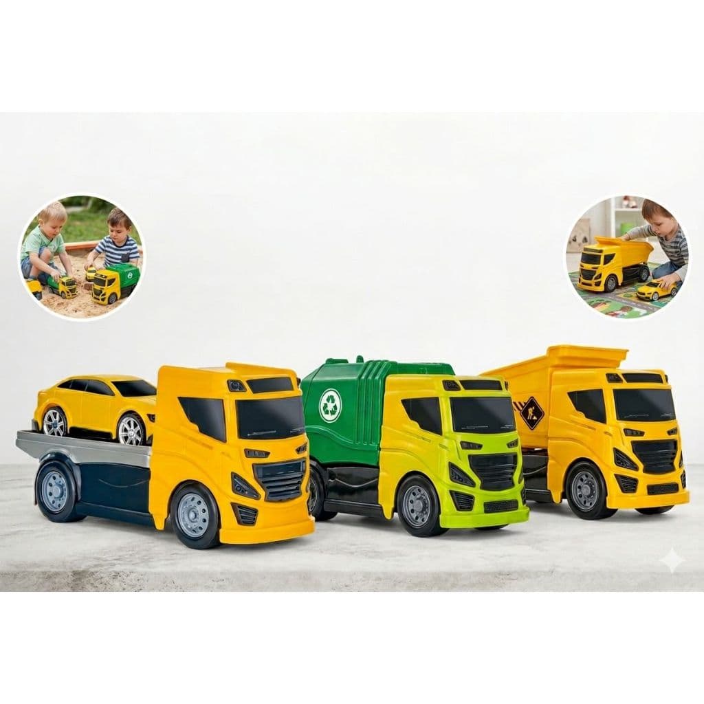 KIT DE VEICULOS DE BRINQUEDO - CAMINHÃO GUINCHO + CAMINHÃO DE LIXO + CAMINHÃO CAÇAMBA