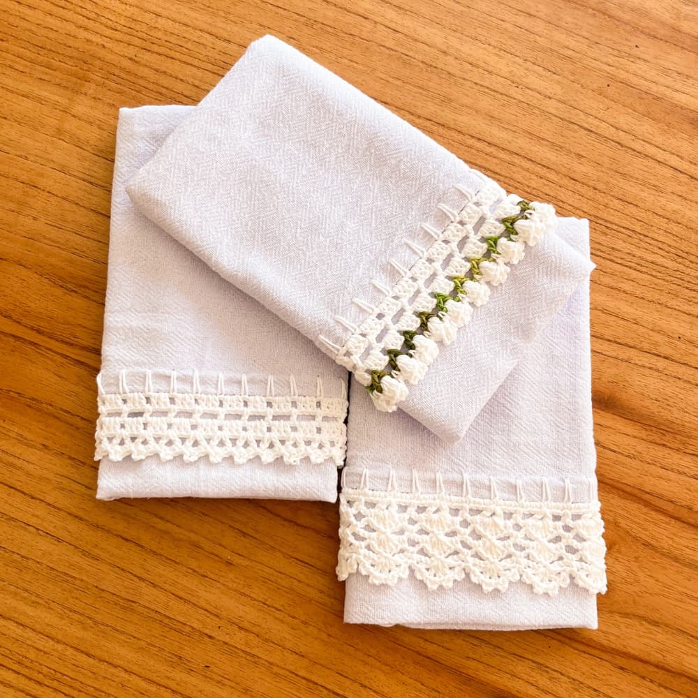 Kit 3/6 Peças Pano de Prato com Barrado Crochê 100% Algodão 65x40cm Diversas Cores