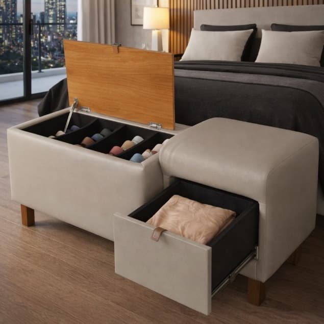 Recamier Baú Julia Estofado Corino MDF – Elegante para Quarto Ideal para Cama Casal e Queen
