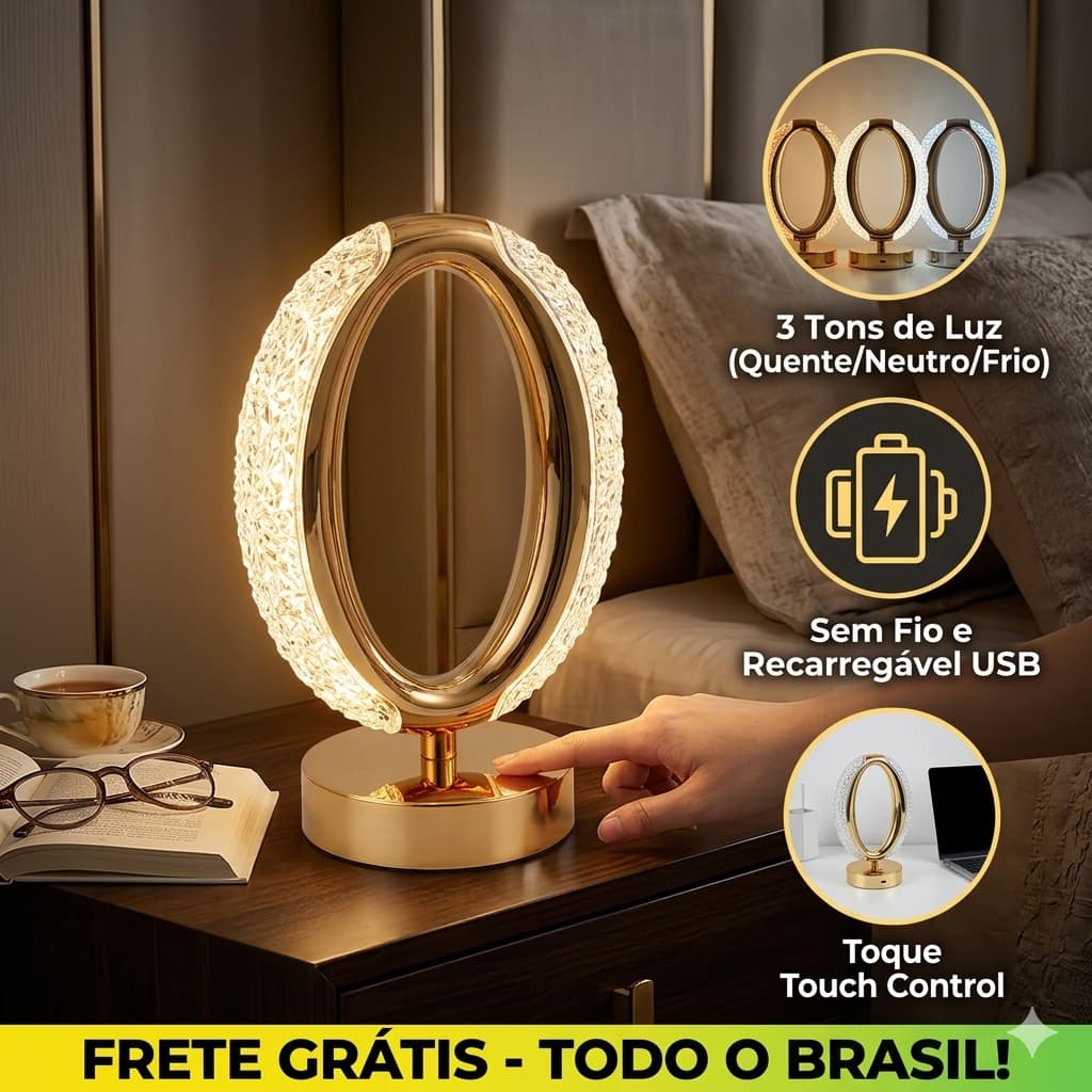 Luminária de Mesa Cristal LED Luxo sem Fio Recarregável USB Touch para Quarto Sala Escritório Design Oval Moderno