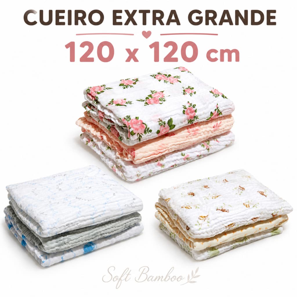 KIT 3 UNIDADES - CUEIRO EXTRA GRANDE 1,20m X 1,20m PAPI SOFT BAMBOO CUEIRO SWADDLE