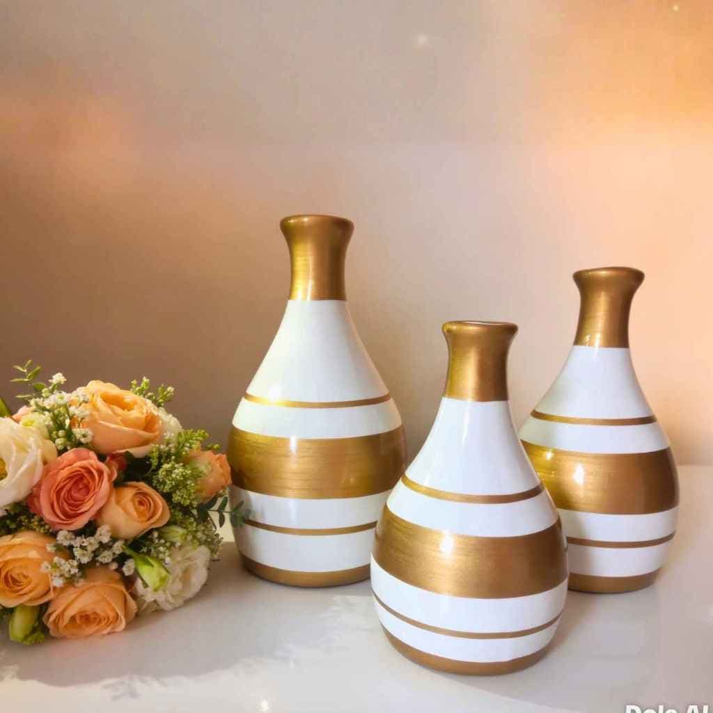 Enfeite Vasos Cerâmica Decorativos Moderno Luxo Branco Dourado Mesa Aparador Rack