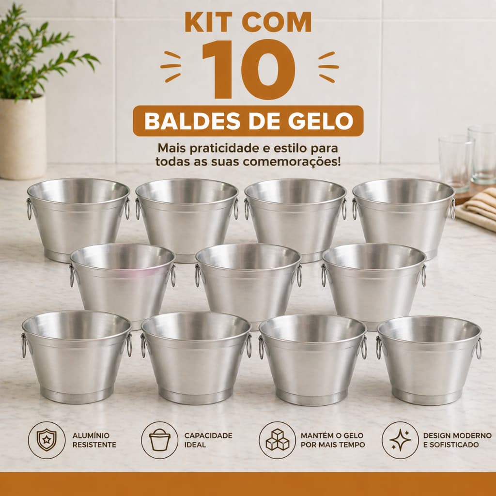 Kit 10 Balde de Gelo Aluminio Puro e Reforcado 9 litros Para Acomodar Volumes de Garrafa Gelo e Bebidas