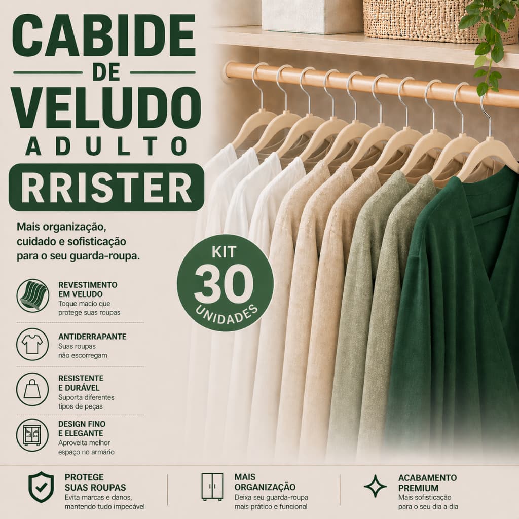 Kit 30 Cabides Premium Veludo RRister Adulto Slim Antideslizante Para Closet Organizado