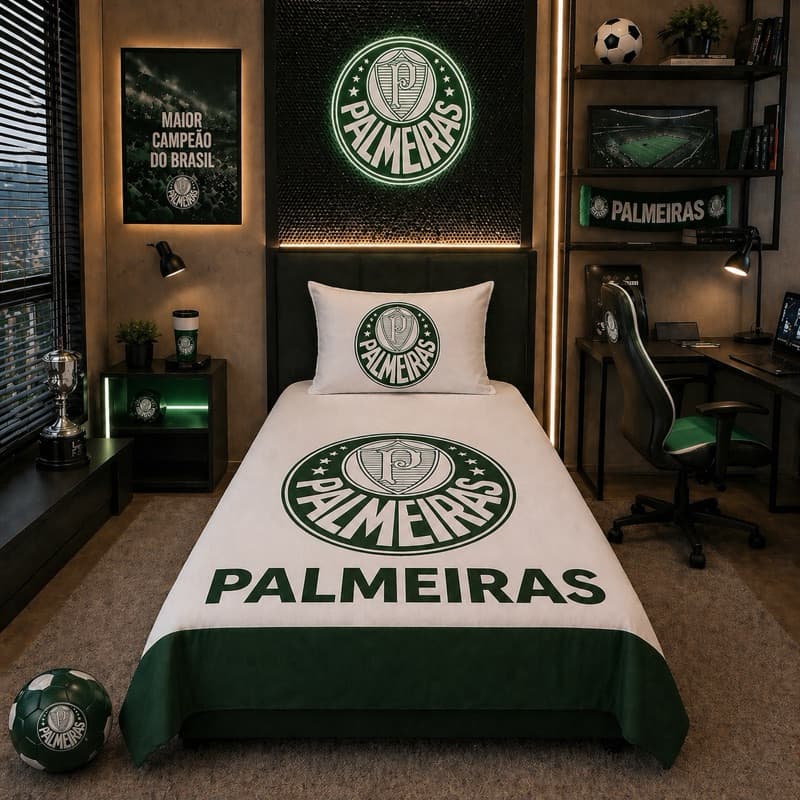 Jogo de Cama Solteiro Palmeiras Oficial Estampado Lençol + Fronha 150 Fios Toque Macio Futebol Torcedor
