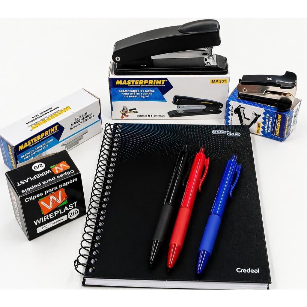KIT ESCRITORIO COM :3 CANETAS ESF.RETRATIL+1 CADERNO 1/4 ESPIRAL,1 GRAMPEADOR,1 EXTRATOR 1 CAIXA DE CLIPS 2/0 PEQUENA+1C