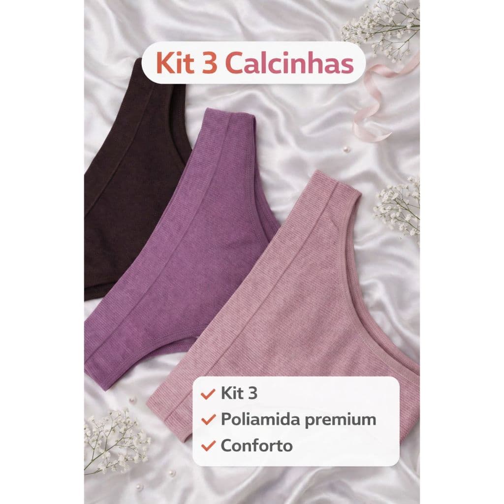 Kit 3 Calcinhas Poliamida Premium Tecido Qualidade Canelado Confortável