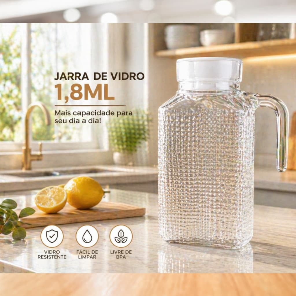 Jarra De Suco Vidro Para água Suco com Tampa 1,8ml - Original Glass