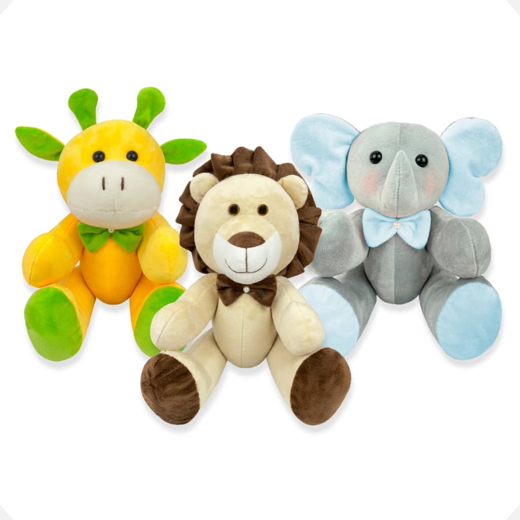 Trio de Pelúcia Safari – Girafa, Leão e Elefante Decoração