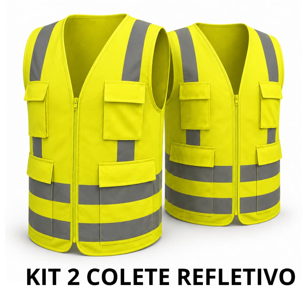 Kit 2 Colete Refletivo com 4 Bolsos Zíper Faixa em X Costas Alta Visibilidade Uso Profissional EPI