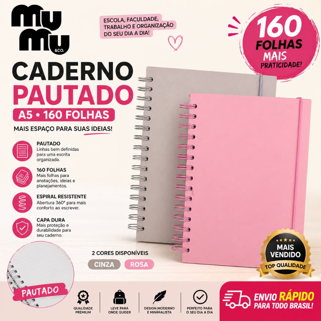 Caderno Espiral Capa Dura A5 Pautado Couchê 160 Folhas com Elástico