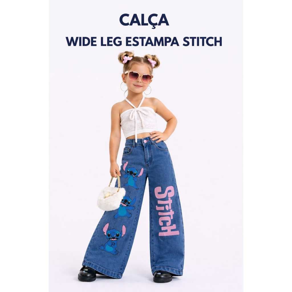 Calça Jeans Infantil Menina Wide Leg Stitch Pintura Exclusiva Blogueirinha Calça Larga Moda 2026 2 ao 8