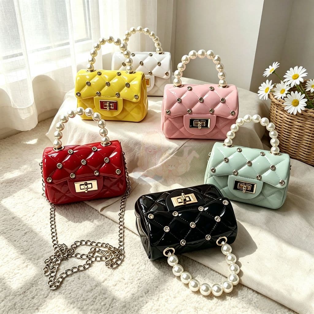 Bolsa Infantil com Strass Brilhante e Alça de Pérolas - Transversal com Corrente Ideal para Meninas em Festas