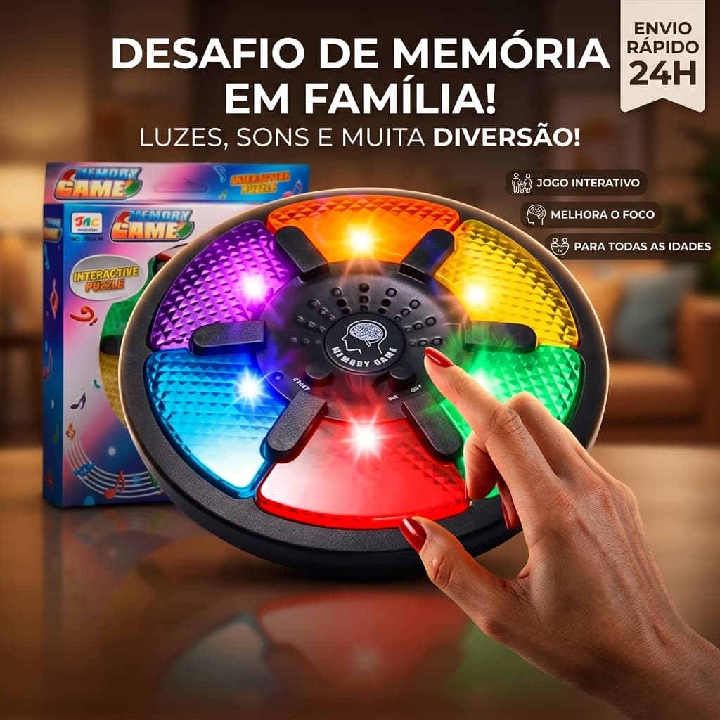 Jogo de Memória em Disco com 6 Cores, Luz e Som, Brinquedo Educativo Infantil a Bateria