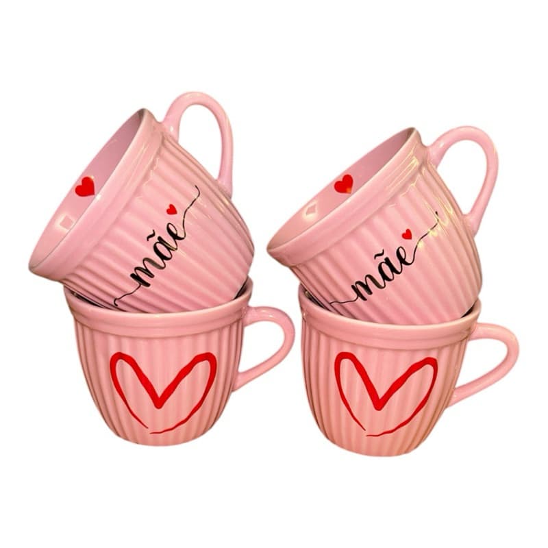 4 Xicara Porcelana Rosa Canelada Mãe 210ml Presente Café