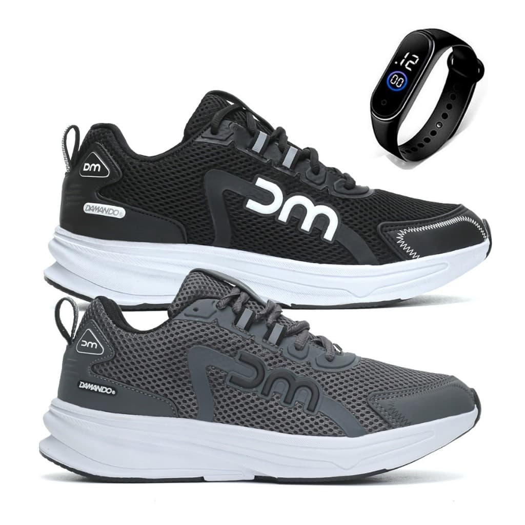 Kit 2 Pares Tênis Esportivo Unissex Crossfit Caminhada Corrida + Relógio Digital