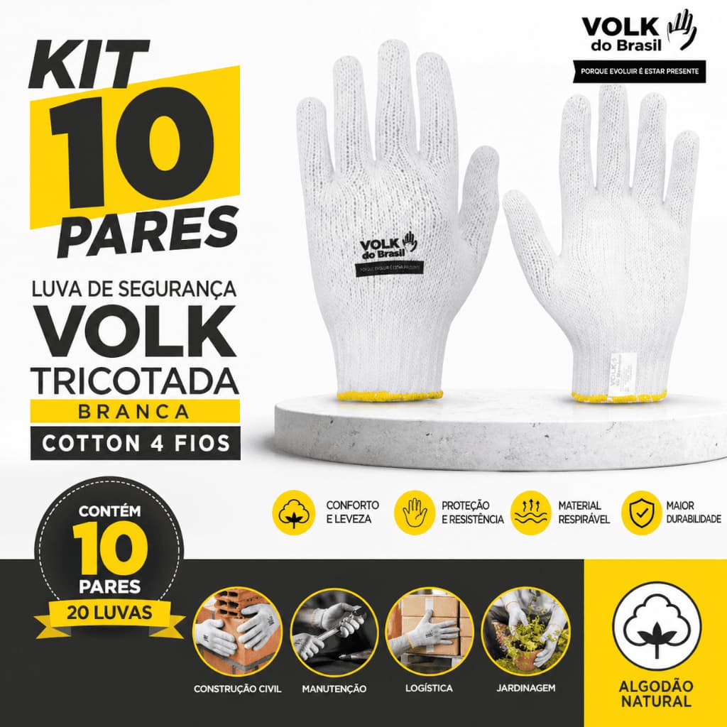 Kit 10 Luvas de Segurança Volk Tricotada Branca Cotton 4 Fios CA 30520 Sem Pigmento para Logística Indústria e Serviços
