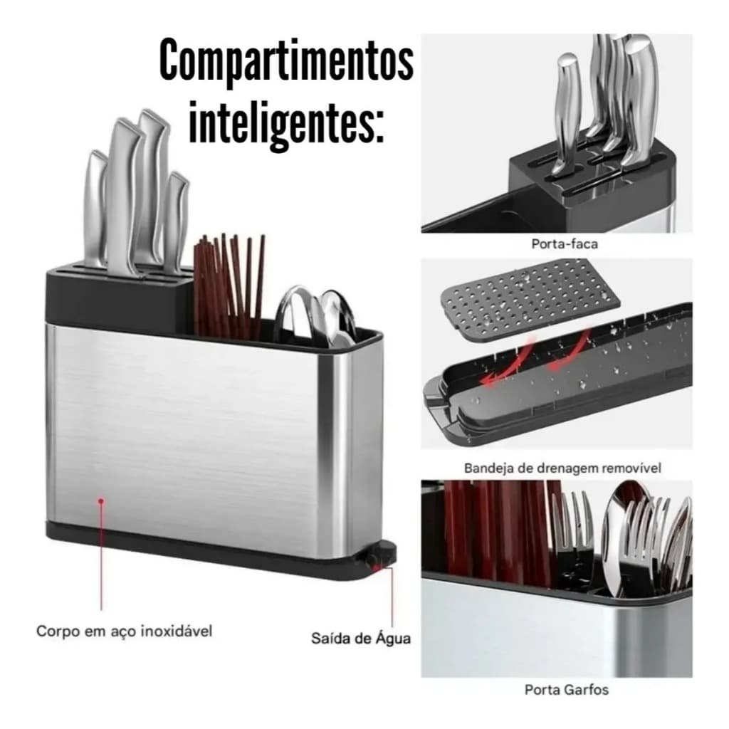 Escorredor Porta Talheres 6 Divisões Pia Aço Inox Brilhante 18x15cm