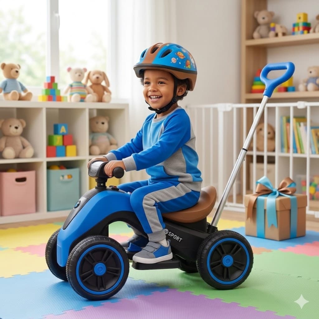 Moto Eletrica Infantil Azul Com Empurrador Carrinho 4 Rodas Passeio Crianca