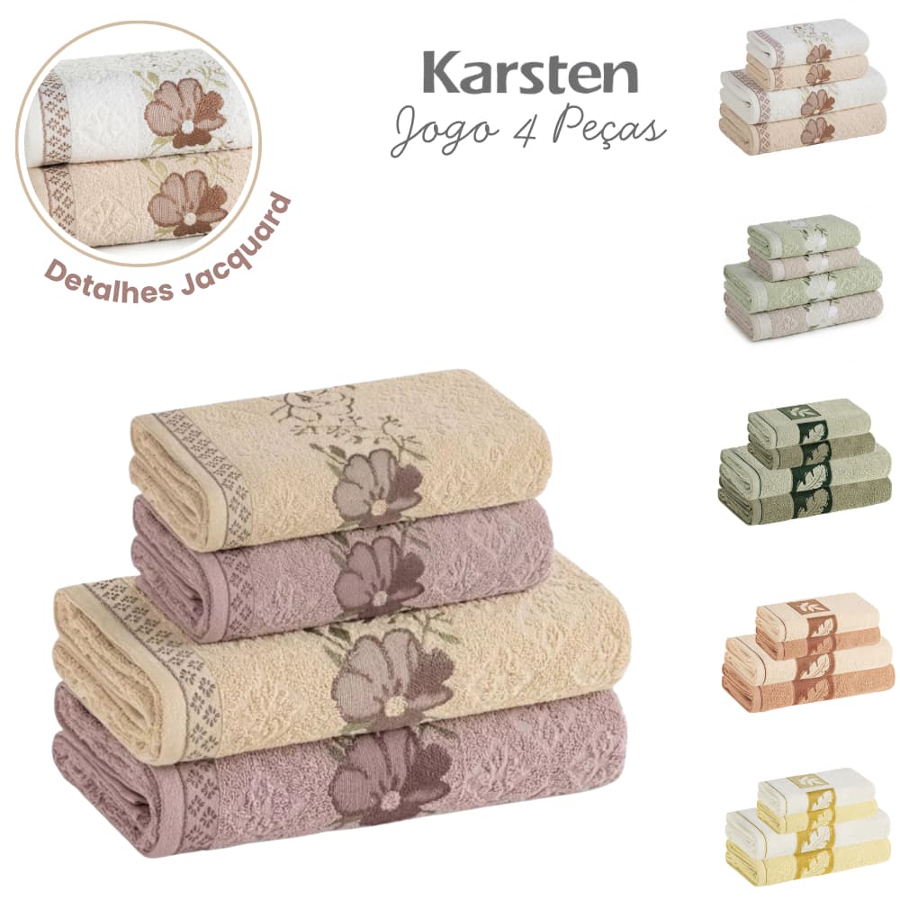 Jogo De Toalhas de Banho e Rosto 4 Peças Karsten Corpo 100% Algodão Ótima Absorção Karsten