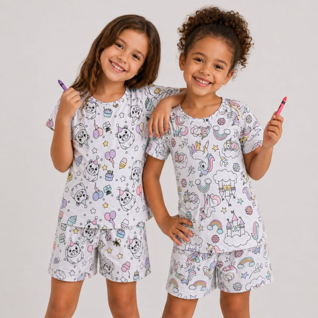 Conjunto Pijama Infantil Feminino de Colorir + 6 Canetinhas - Pijama Pinta e Lava Menina