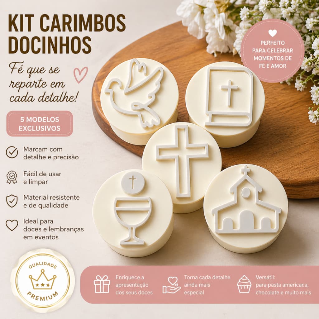 Igreja Cristão Catolico Kit 5 Carimbos de Docinhos Brigadeiro Beijinho Doces Biblia Cruz Calice