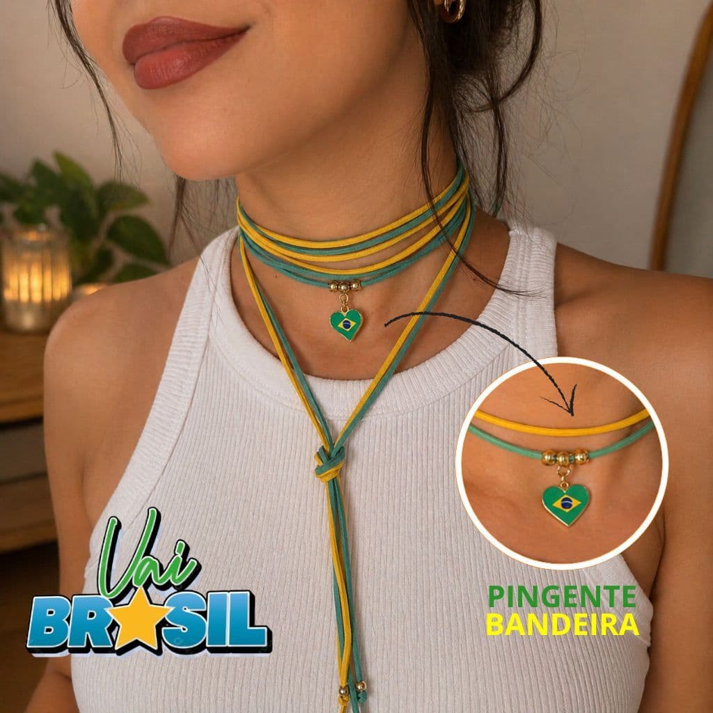 Colar Gravatinha Brasil Prático e Versátil com Pingente de Coração 🇧🇷 - Exclusiva