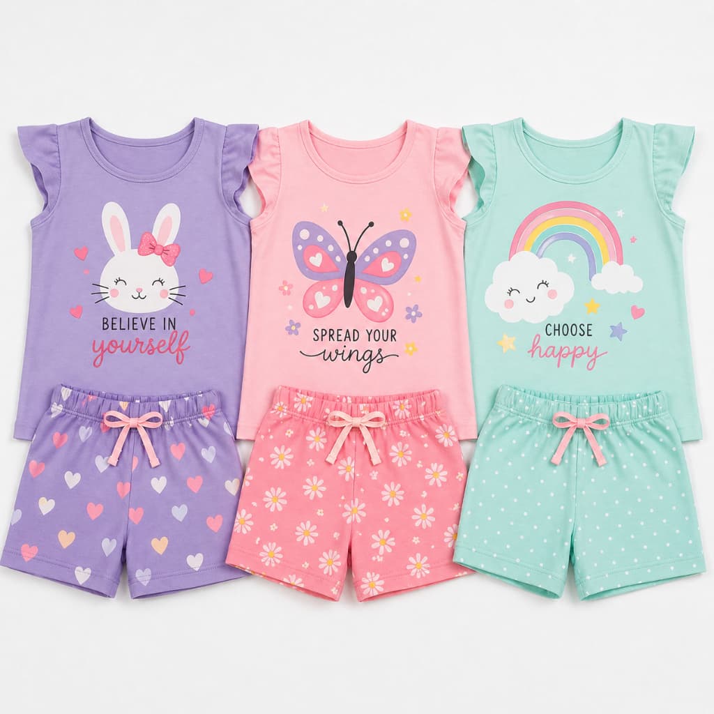Kit Sortido 2 ou 4 Peças de Roupas Infantil Menina Verão Conjuntos Infantil Verão Menina Manga Curta Sortidos